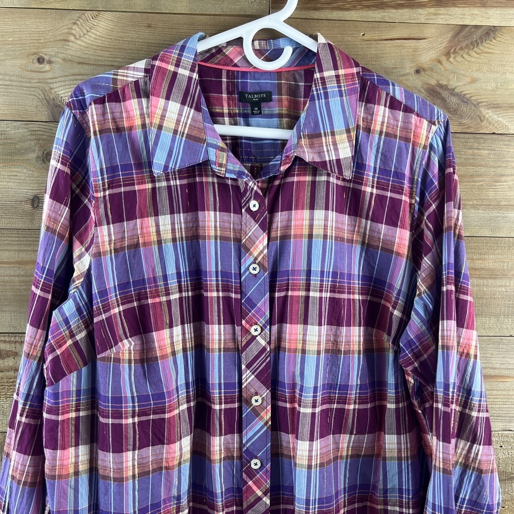 Talbots Womens Shirt Long Sleeve Button Up Plaid Metallic Lightweight Cotton 2X - Picture 2 of 8